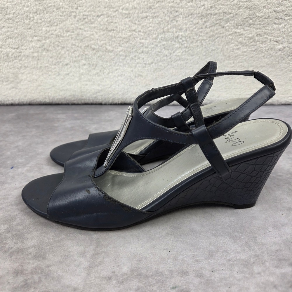 Impo Vethany Navy Blue T-Strap Wedge Sandals Silver Hardware Size 11M